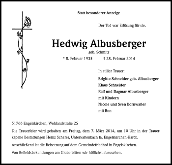 Anzeige von Hedwig Albusberger von Kölner Stadt-Anzeiger / Kölnische Rundschau / Express