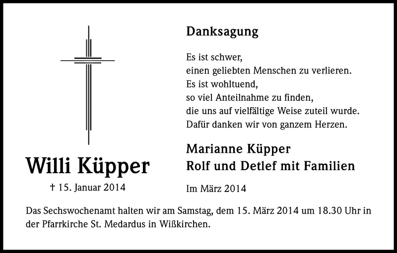  Traueranzeige für Willi Küpper vom 08.03.2014 aus Kölner Stadt-Anzeiger / Kölnische Rundschau / Express