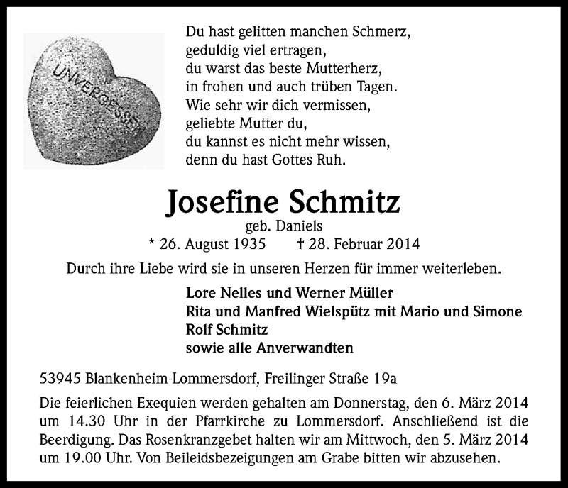  Traueranzeige für Josefine Schmitz vom 03.03.2014 aus Kölner Stadt-Anzeiger / Kölnische Rundschau / Express