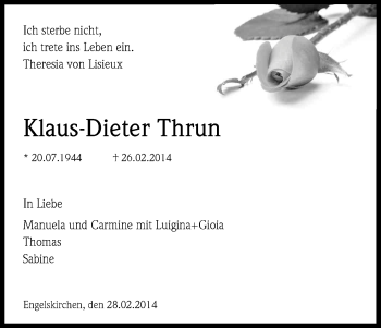 Anzeige von Klaus-Dieter Thrun von Kölner Stadt-Anzeiger / Kölnische Rundschau / Express