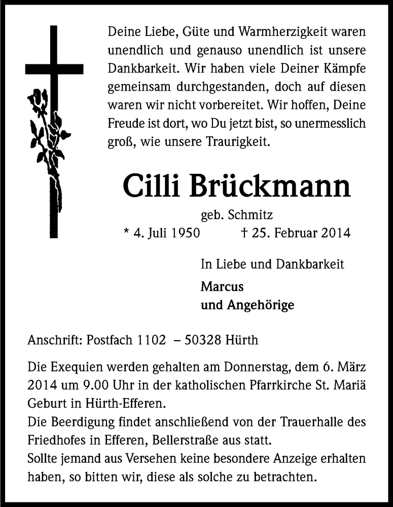  Traueranzeige für Cilli Brückmann vom 04.03.2014 aus Kölner Stadt-Anzeiger / Kölnische Rundschau / Express