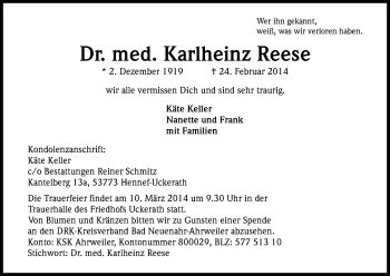 Anzeige von Karlheinz Reese von Kölner Stadt-Anzeiger / Kölnische Rundschau / Express