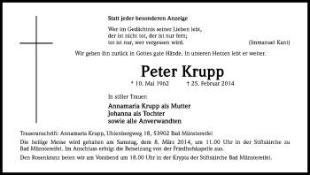 Anzeige von Peter Krupp von Kölner Stadt-Anzeiger / Kölnische Rundschau / Express
