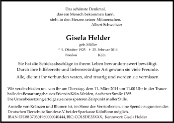 Anzeige von Gisela Helder von Kölner Stadt-Anzeiger / Kölnische Rundschau / Express