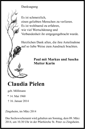 Anzeige von Claudia Pielen von Kölner Stadt-Anzeiger / Kölnische Rundschau / Express