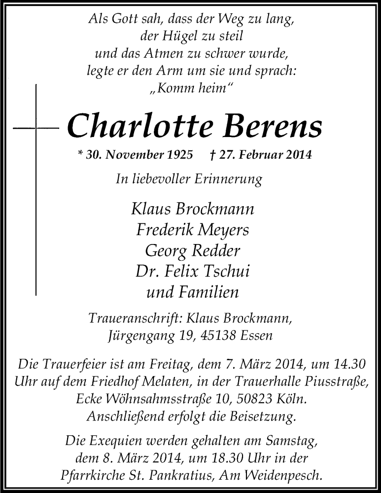  Traueranzeige für Charlotte Berens vom 04.03.2014 aus Kölner Stadt-Anzeiger / Kölnische Rundschau / Express