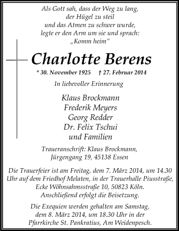 Anzeige von Charlotte Berens von Kölner Stadt-Anzeiger / Kölnische Rundschau / Express