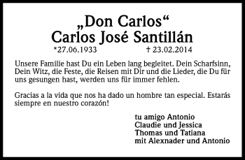 Anzeige von Carlos José Santillän von Kölner Stadt-Anzeiger / Kölnische Rundschau / Express