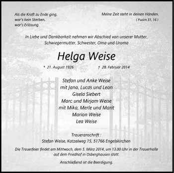 Anzeige von Helga Weise von Kölner Stadt-Anzeiger / Kölnische Rundschau / Express