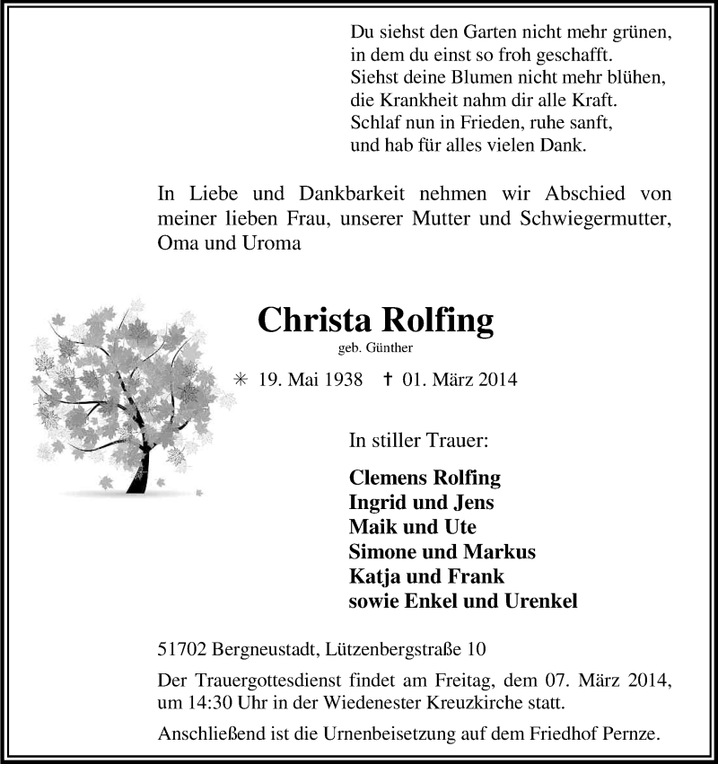  Traueranzeige für Christa Rolfing vom 04.03.2014 aus Kölner Stadt-Anzeiger / Kölnische Rundschau / Express