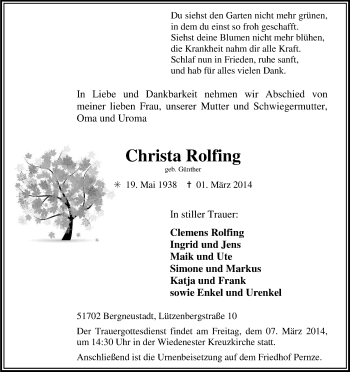 Anzeige von Christa Rolfing von Kölner Stadt-Anzeiger / Kölnische Rundschau / Express