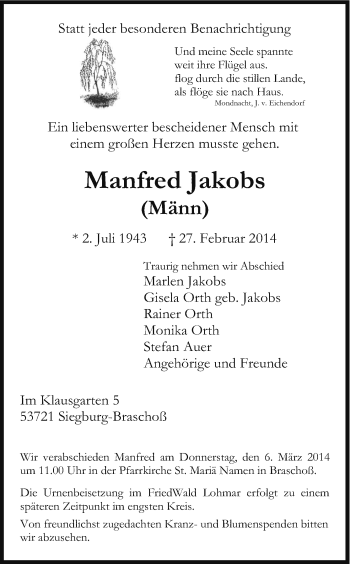 Anzeige von Manfred Jakobs von Kölner Stadt-Anzeiger / Kölnische Rundschau / Express