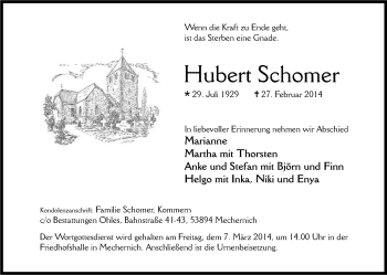 Anzeige von Hubert Schomer von Kölner Stadt-Anzeiger / Kölnische Rundschau / Express