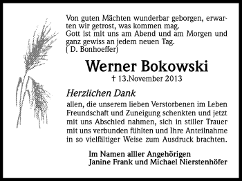 Anzeige von Werner Bokowski von Kölner Stadt-Anzeiger / Kölnische Rundschau / Express