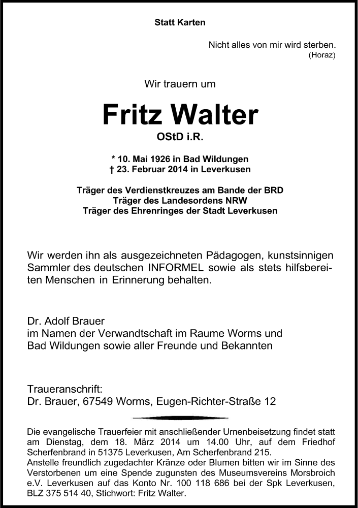  Traueranzeige für Fritz Walter vom 05.03.2014 aus Kölner Stadt-Anzeiger / Kölnische Rundschau / Express