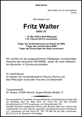 Anzeige von Fritz Walter von Kölner Stadt-Anzeiger / Kölnische Rundschau / Express
