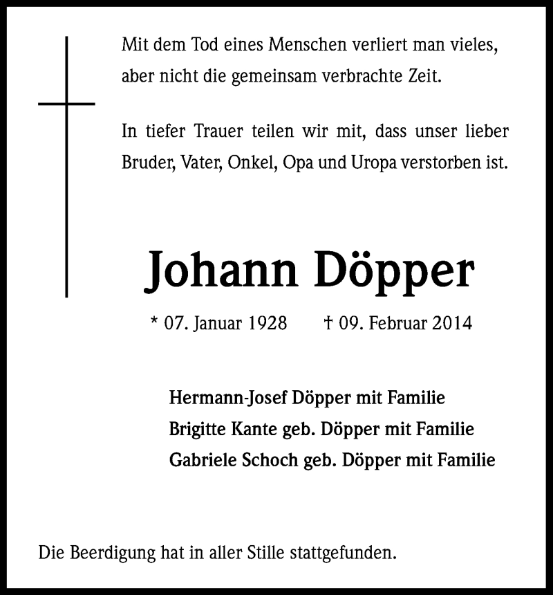  Traueranzeige für Johann Döpper vom 05.03.2014 aus Kölner Stadt-Anzeiger / Kölnische Rundschau / Express