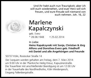 Anzeige von Marlene Kapalczynski von Kölner Stadt-Anzeiger / Kölnische Rundschau / Express