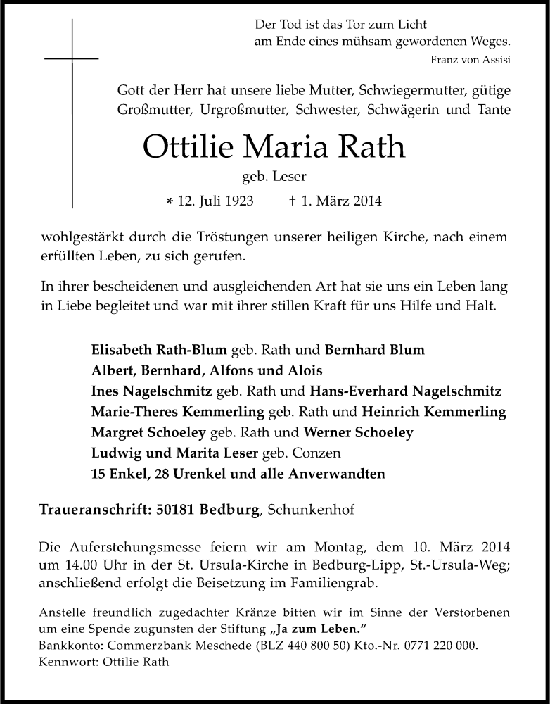  Traueranzeige für Ottilie Maria Rath vom 05.03.2014 aus Kölner Stadt-Anzeiger / Kölnische Rundschau / Express