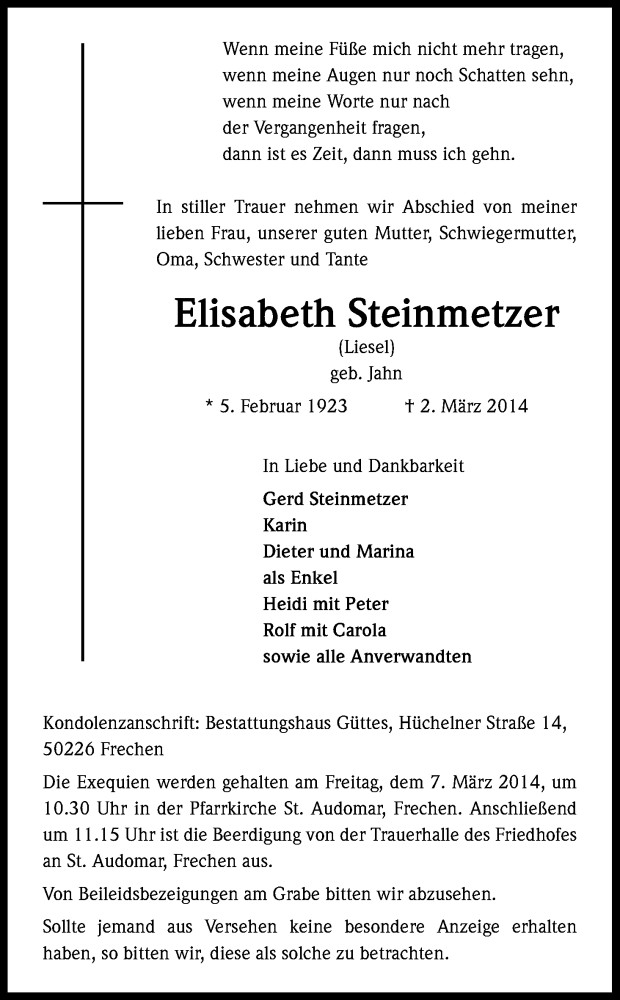  Traueranzeige für Elisabeth Steinmetzer vom 05.03.2014 aus Kölner Stadt-Anzeiger / Kölnische Rundschau / Express