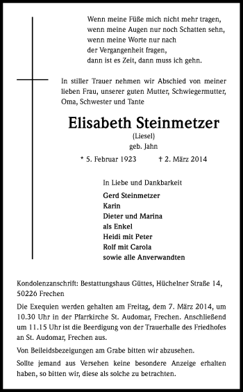 Anzeige von Elisabeth Steinmetzer von Kölner Stadt-Anzeiger / Kölnische Rundschau / Express