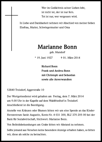 Anzeige von Marianne Bonn von Kölner Stadt-Anzeiger / Kölnische Rundschau / Express