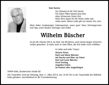 Anzeige von Wilhelm Büscher von Kölner Stadt-Anzeiger / Kölnische Rundschau / Express