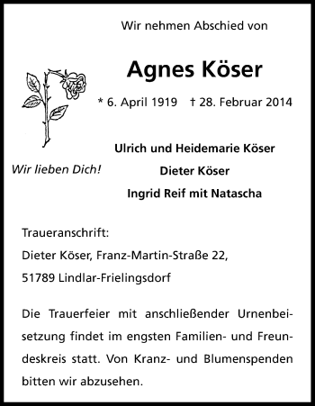 Anzeige von Agnes Köser von Kölner Stadt-Anzeiger / Kölnische Rundschau / Express