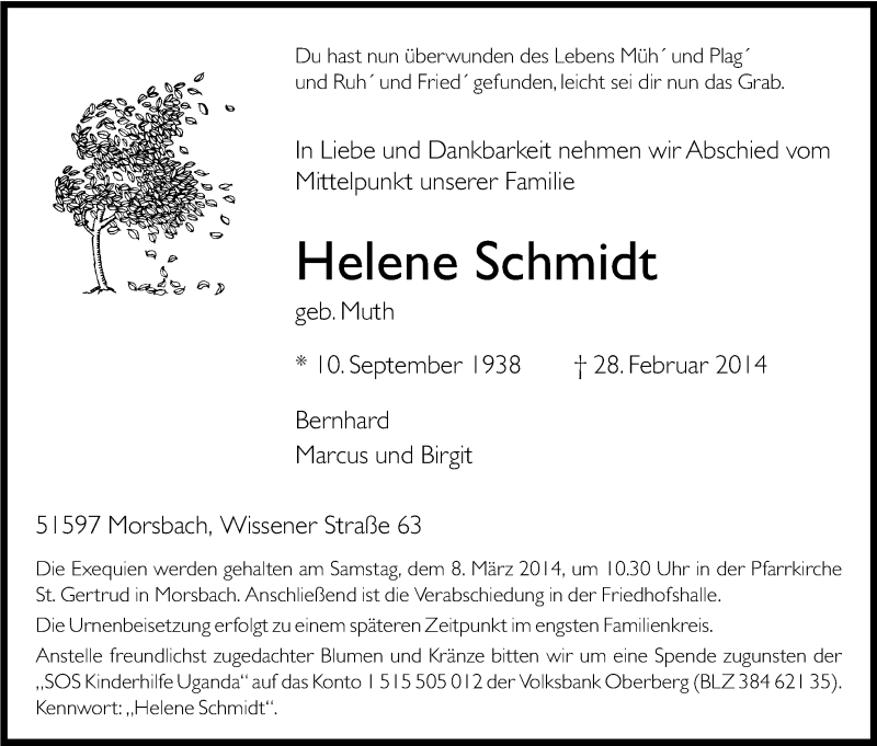  Traueranzeige für Helene Schmidt vom 05.03.2014 aus Kölner Stadt-Anzeiger / Kölnische Rundschau / Express