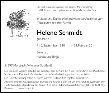 Anzeige von Helene Schmidt von Kölner Stadt-Anzeiger / Kölnische Rundschau / Express