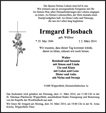 Anzeige von Irmgard Flosbach von Kölner Stadt-Anzeiger / Kölnische Rundschau / Express
