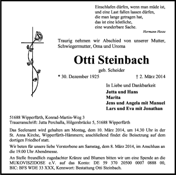 Anzeige von Otti Steinbach von Kölner Stadt-Anzeiger / Kölnische Rundschau / Express