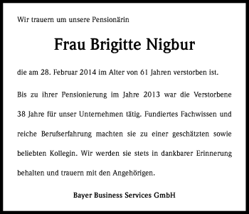 Anzeige von Brigitte Nigbur von Kölner Stadt-Anzeiger / Kölnische Rundschau / Express