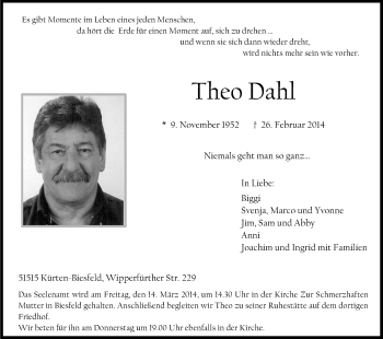 Anzeige von Theo Dahl von Kölner Stadt-Anzeiger / Kölnische Rundschau / Express