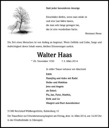 Anzeige von Walter Haas von Kölner Stadt-Anzeiger / Kölnische Rundschau / Express