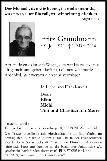 Anzeige von Fritz Grundmann von Kölner Stadt-Anzeiger / Kölnische Rundschau / Express