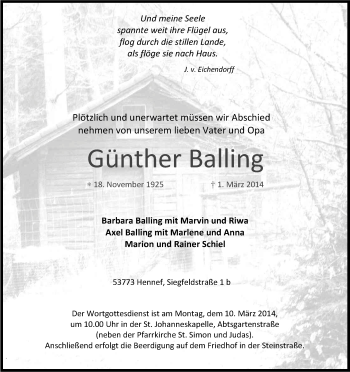 Anzeige von Günther Balling von Kölner Stadt-Anzeiger / Kölnische Rundschau / Express