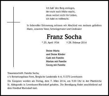 Anzeige von Franz Socha von Kölner Stadt-Anzeiger / Kölnische Rundschau / Express