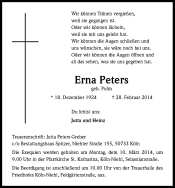 Anzeige von Erna Peters von Kölner Stadt-Anzeiger / Kölnische Rundschau / Express