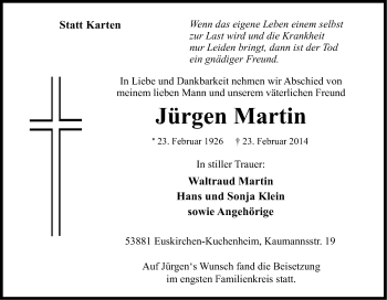 Anzeige von Jürgen Martin von Kölner Stadt-Anzeiger / Kölnische Rundschau / Express