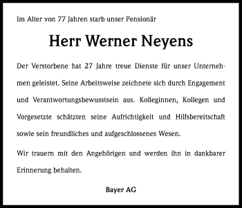 Anzeige von Werner Neyens von Kölner Stadt-Anzeiger / Kölnische Rundschau / Express
