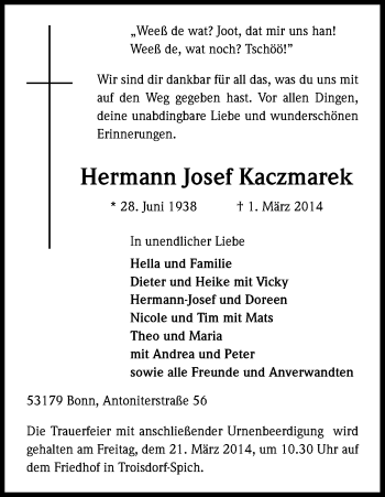 Anzeige von Hermann Josef Kaczmarek von Kölner Stadt-Anzeiger / Kölnische Rundschau / Express