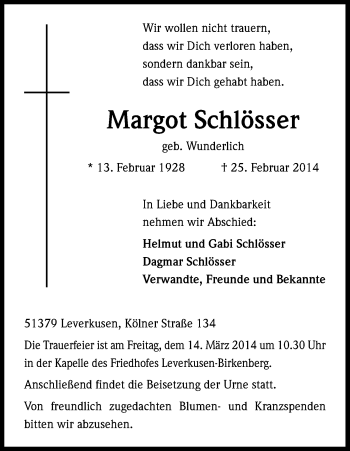Anzeige von Margot Schlösser von Kölner Stadt-Anzeiger / Kölnische Rundschau / Express