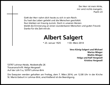 Anzeige von Albert Salgert von Kölner Stadt-Anzeiger / Kölnische Rundschau / Express