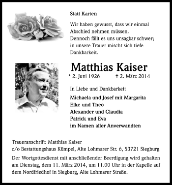 Anzeige von Matthias Kaiser von Kölner Stadt-Anzeiger / Kölnische Rundschau / Express