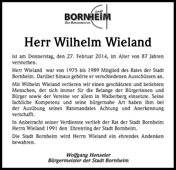 Anzeige von Wilhelm Wieland von Kölner Stadt-Anzeiger / Kölnische Rundschau / Express