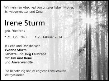 Anzeige von Irene Sturm von Kölner Stadt-Anzeiger / Kölnische Rundschau / Express
