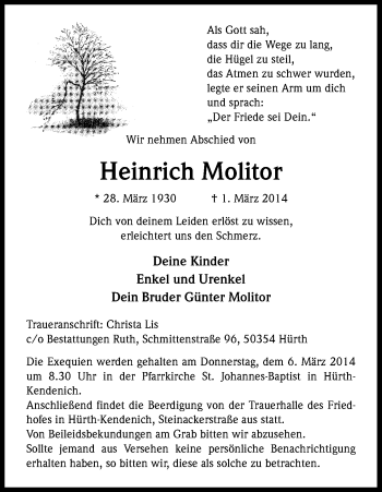 Anzeige von Heinrich Molitor von Kölner Stadt-Anzeiger / Kölnische Rundschau / Express