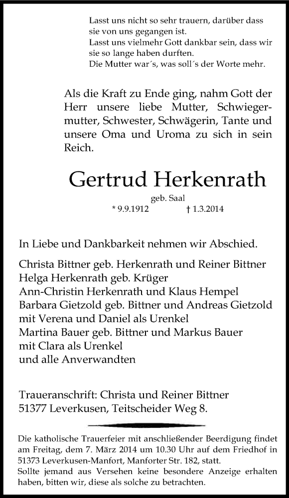  Traueranzeige für Gertrud Herkenrath vom 05.03.2014 aus Kölner Stadt-Anzeiger / Kölnische Rundschau / Express