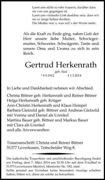 Anzeige von Gertrud Herkenrath von Kölner Stadt-Anzeiger / Kölnische Rundschau / Express